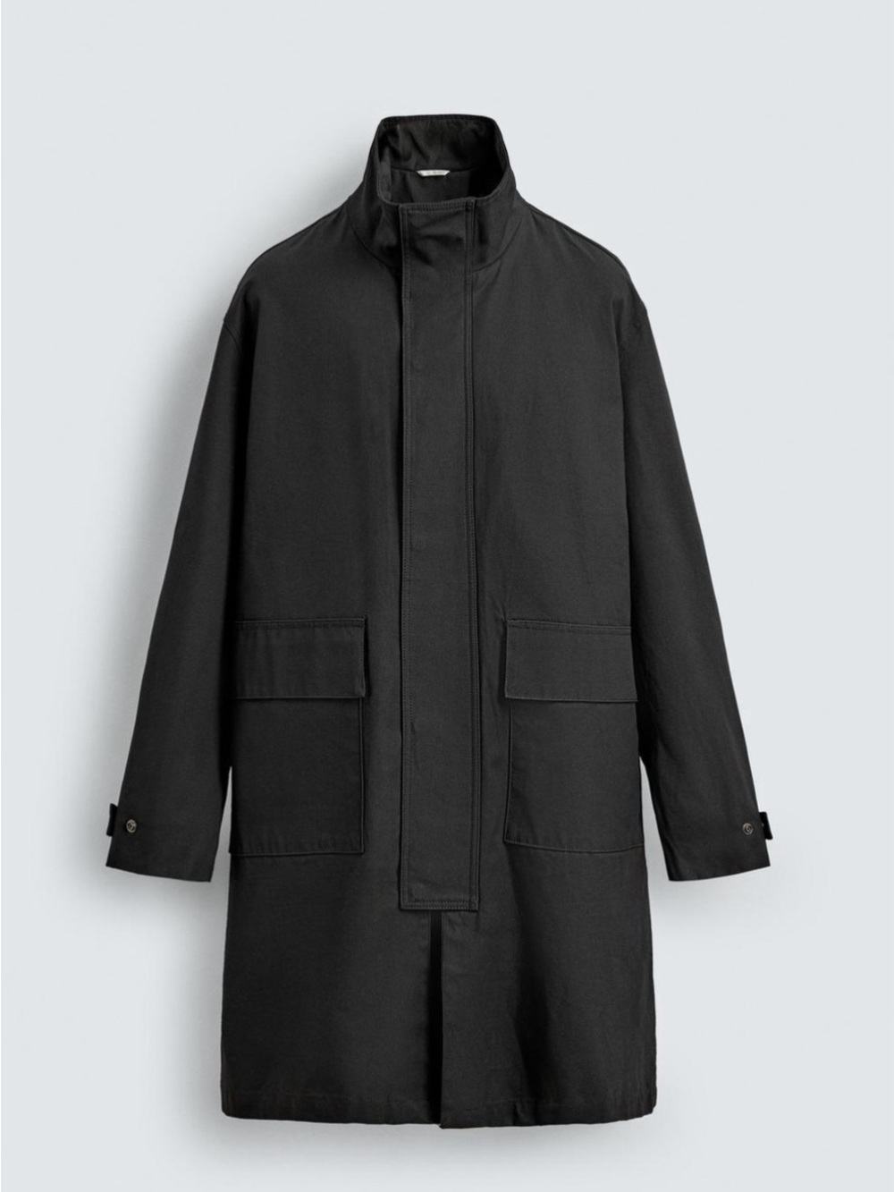 Zara Black Waxed Finished Minimal Trench Coat with High Collar